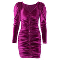 Knitted v neck elegant mini dress Women buttons long puff